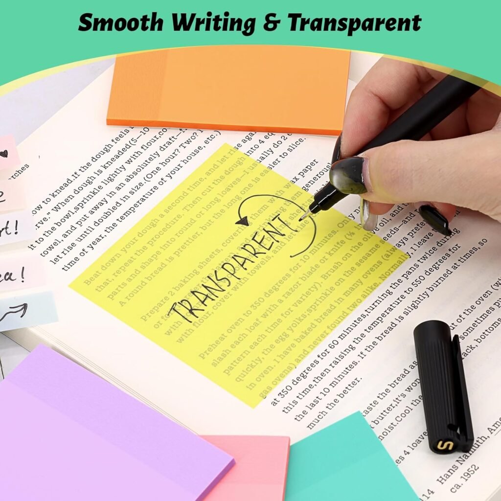 800 Sheets Transparent Sticky Notes, 3x3 Inch 14 Pads Self-Adhesive Translucent Clear See Through Post Sticky Notes for Planner Office School College Teacher Student Supplies 6 Bright Color