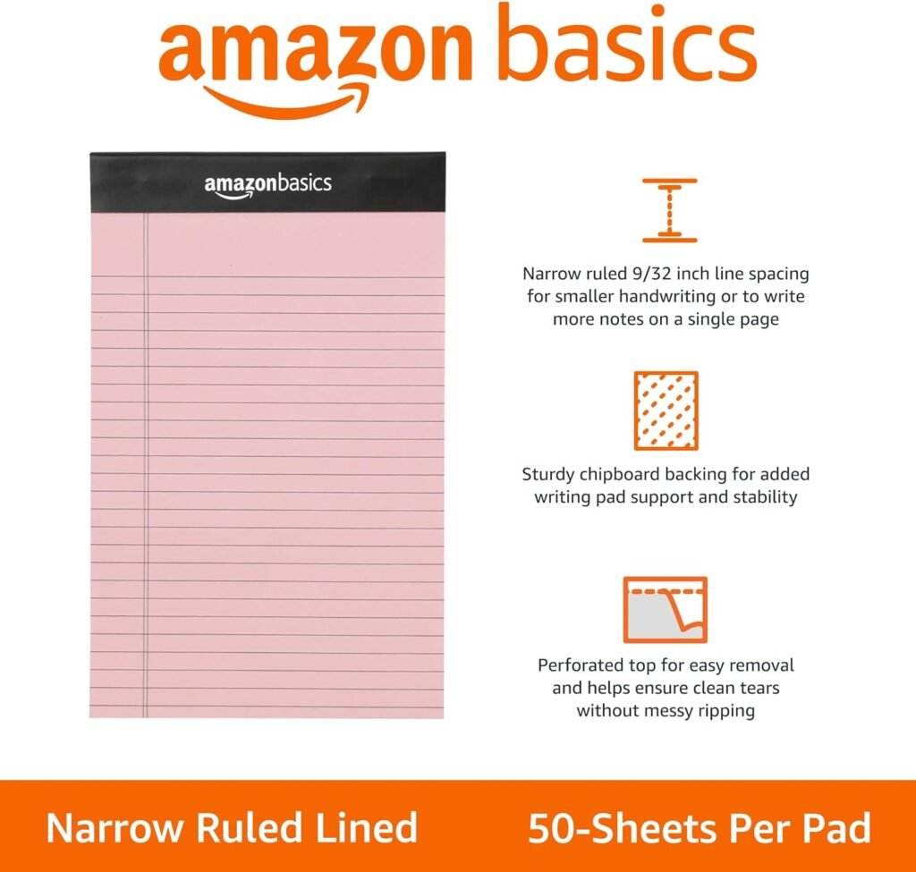 Amazon Basics Narrow Ruled 5 x 8-Inch Lined Writing Note Pads, 6 Count (50 Sheet Pads), Multicolor