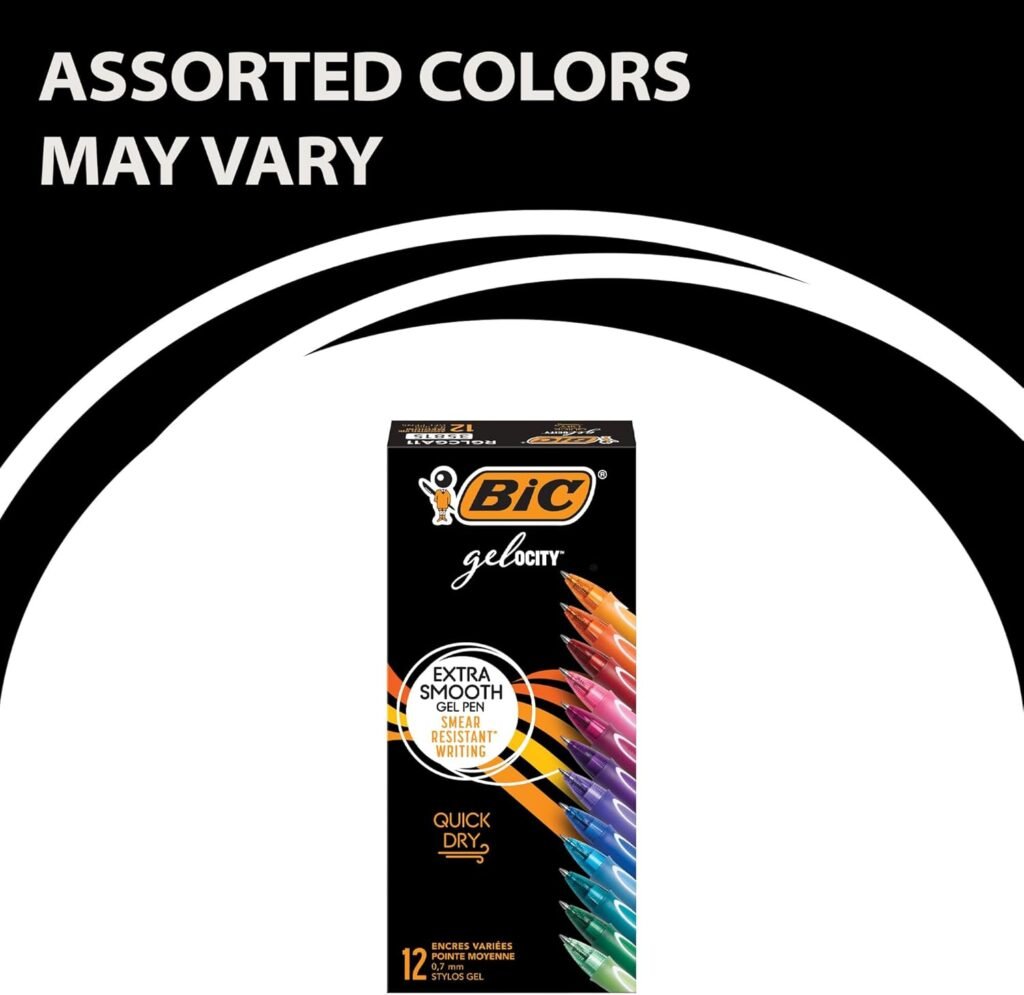BIC Gelocity Quick Dry Assorted Colors Gel Pens (Colors May Vary), Medium Point (0.7mm), 12-Count Pack, Retractable Gel Pens With Comfortable Full Grip