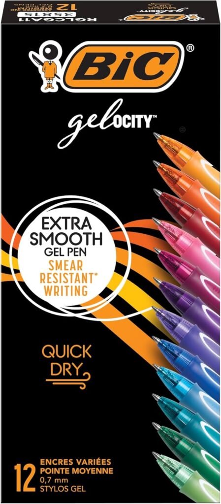 BIC Gelocity Quick Dry Assorted Colors Gel Pens (Colors May Vary), Medium Point (0.7mm), 12-Count Pack, Retractable Gel Pens With Comfortable Full Grip
