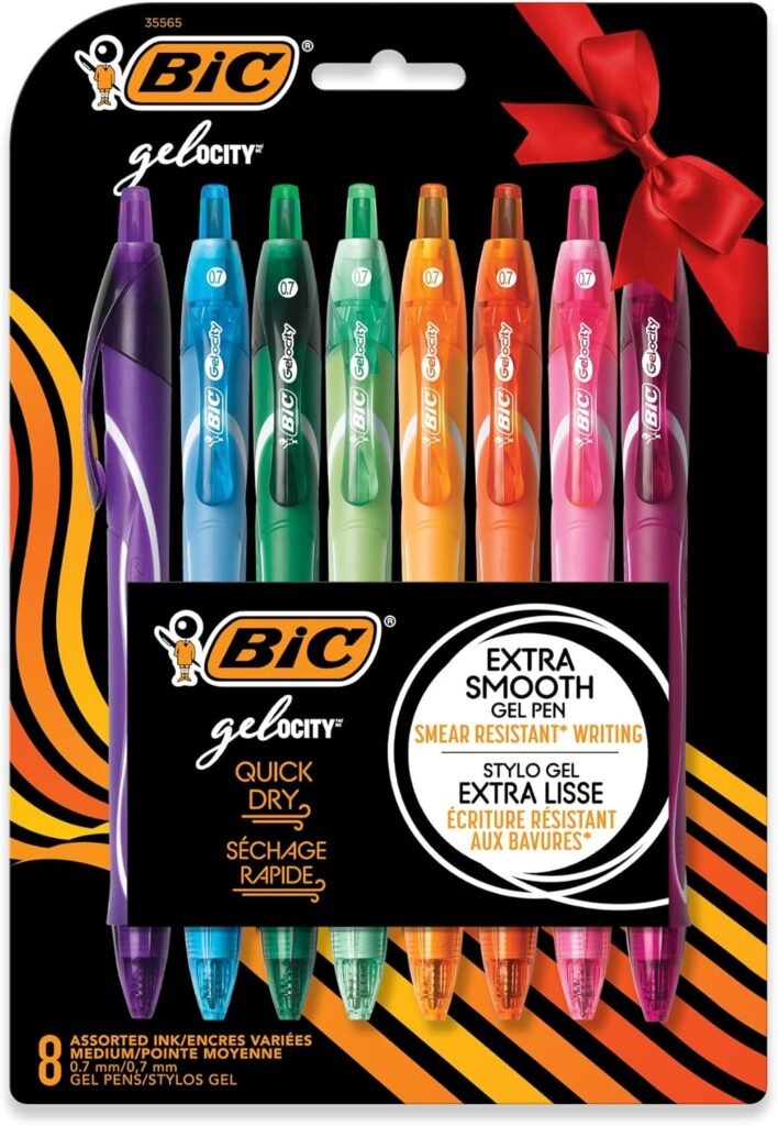 BIC Gelocity Quick Dry Assorted Colors Gel Pens, Medium Point (0.7mm), 8-Count Pack, Retractable Gel Pens With Comfortable Full Grip