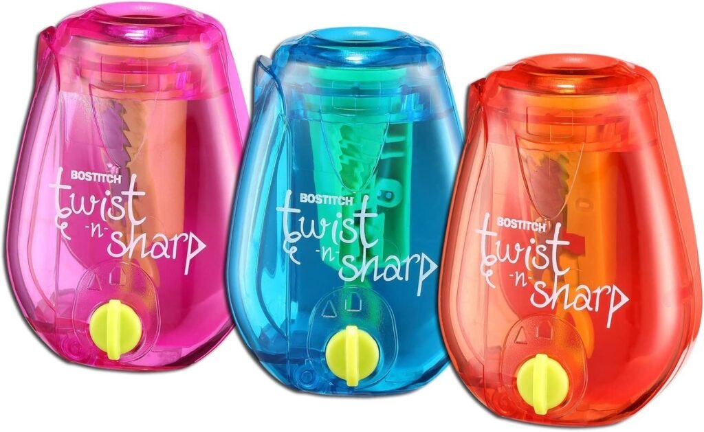 Bostitch Office Twist-n-Sharp Pencil Sharpener, For Kids  Colored Pencils, Assorted Colors (PS1-ADJ)