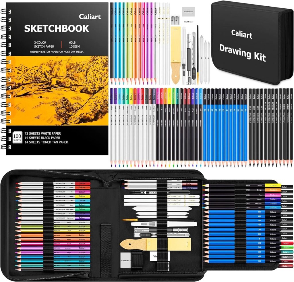Caliart 176PCS Art Supplies Sketching Kit with 100 Sheets 3-Color Sketch Book, Graphite Colored Charcoal Watercolor  Metallic Pencils, School Supplies Gifts for Artists Adults Teens Girls Boys Kids
