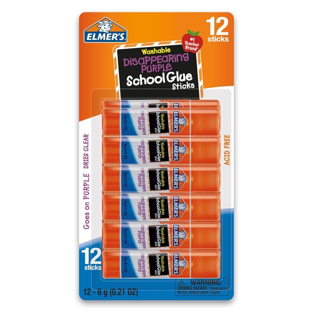 Elmers Disappearing Purple School Glue Sticks, Washable, 6 Grams, 12 Count