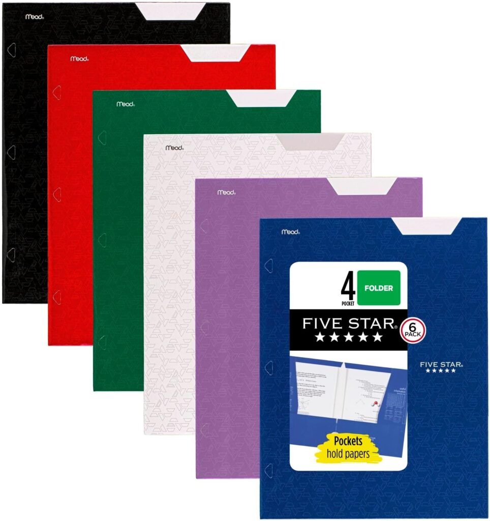 Five Star 4 Pocket Folders, 6 Pack, Paper Folders, Fits 3-Ring Binders, Holds 8-1/2 x 11 Paper, Writable Label, Black, Fire Red, Forest Green, Pacific Blue, White, Amethyst Purple (38058)