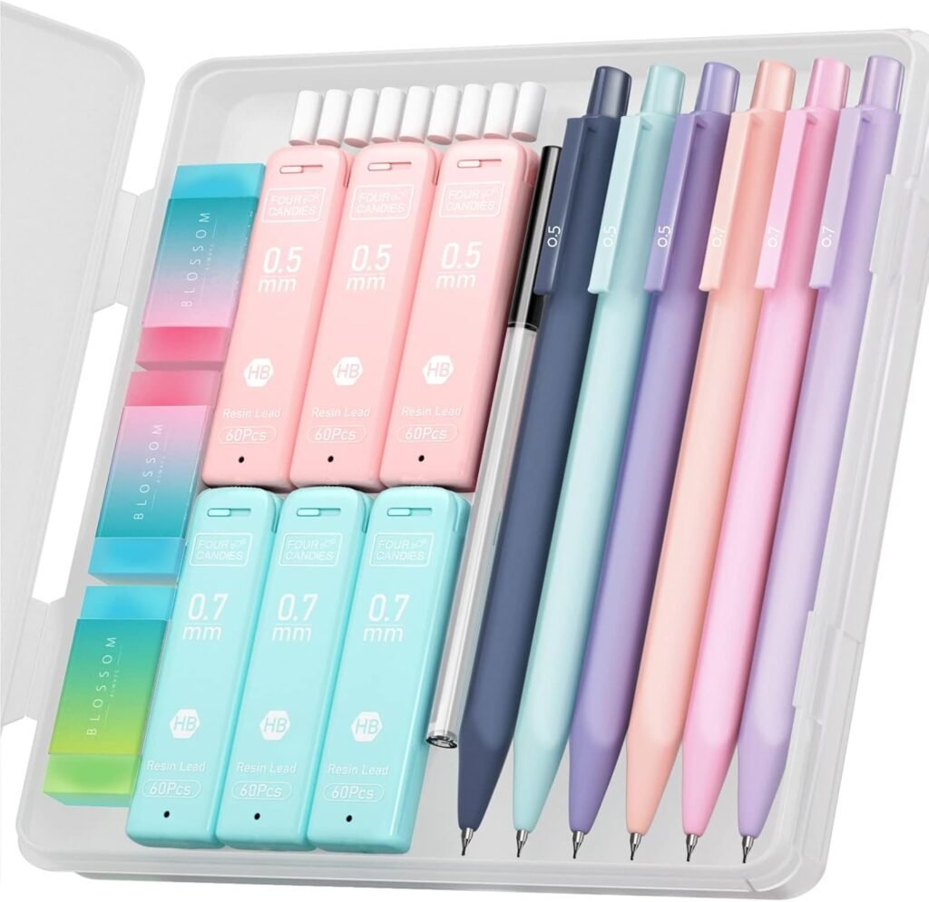 Four Candies Cute Mechanical Pencil Set, 6PCS Pastel Mechanical Pencils 0.5  0.7mm with 360PCS HB Pencil Leads, 3PCS Erasers and 9PCS Eraser Refills, Aesthetic Mechanical Pencils for Girls Writing