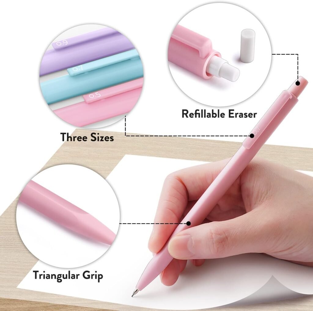 Four Candies Cute Mechanical Pencil Set, 6PCS Pastel Mechanical Pencils 0.5  0.7mm with 360PCS HB Pencil Leads, 3PCS Erasers and 9PCS Eraser Refills, Aesthetic Mechanical Pencils for Girls Writing