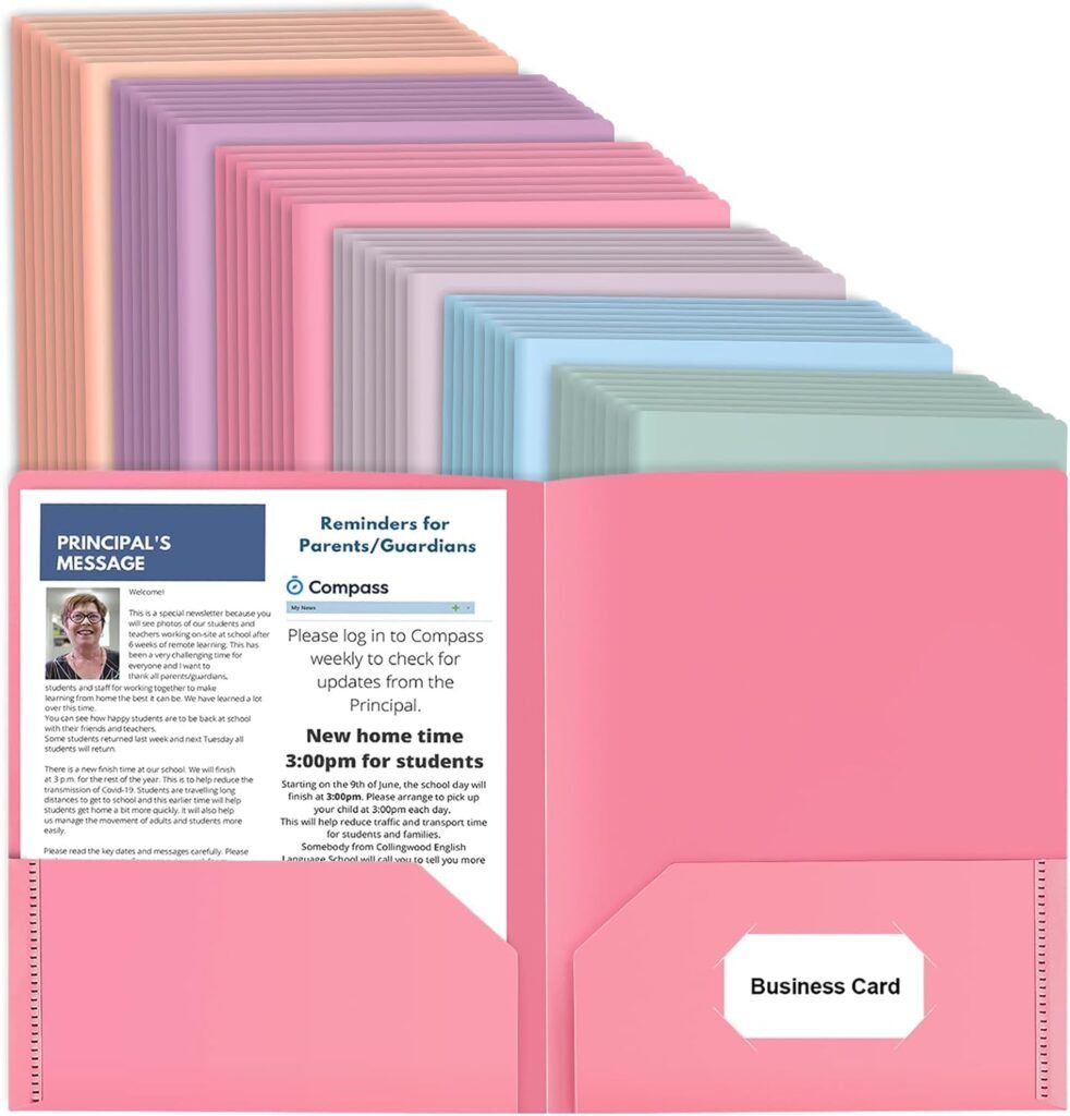 HABGP 6 Pack Colored File Folders with Pockets and Business Card Holder, Pastel Decorative Pocket Folders for Documents, Cute Plastic Folders for Filing Cabinet, School, Office, Resume Portfolio