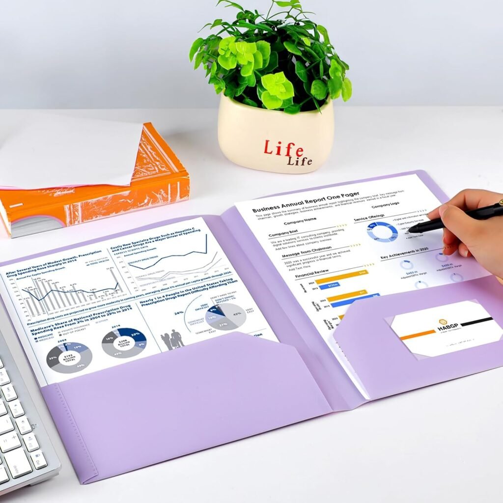 HABGP 6 Pack Colored File Folders with Pockets and Business Card Holder, Pastel Decorative Pocket Folders for Documents, Cute Plastic Folders for Filing Cabinet, School, Office, Resume Portfolio