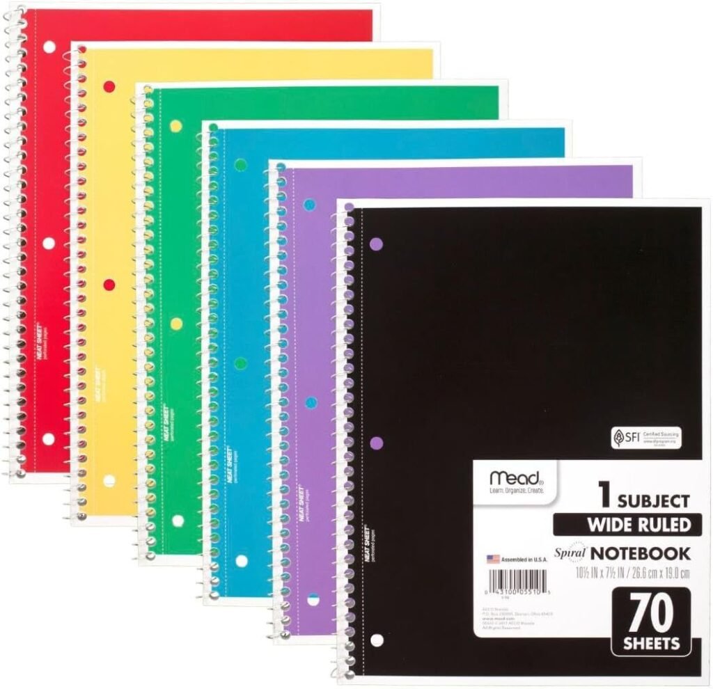 Mead Spiral Notebook, 6 Pack, 1-Subject, Wide Ruled Paper, 7-1/2 x 10-1/2, 70 Sheets per Notebook, Color Will Vary (73063)