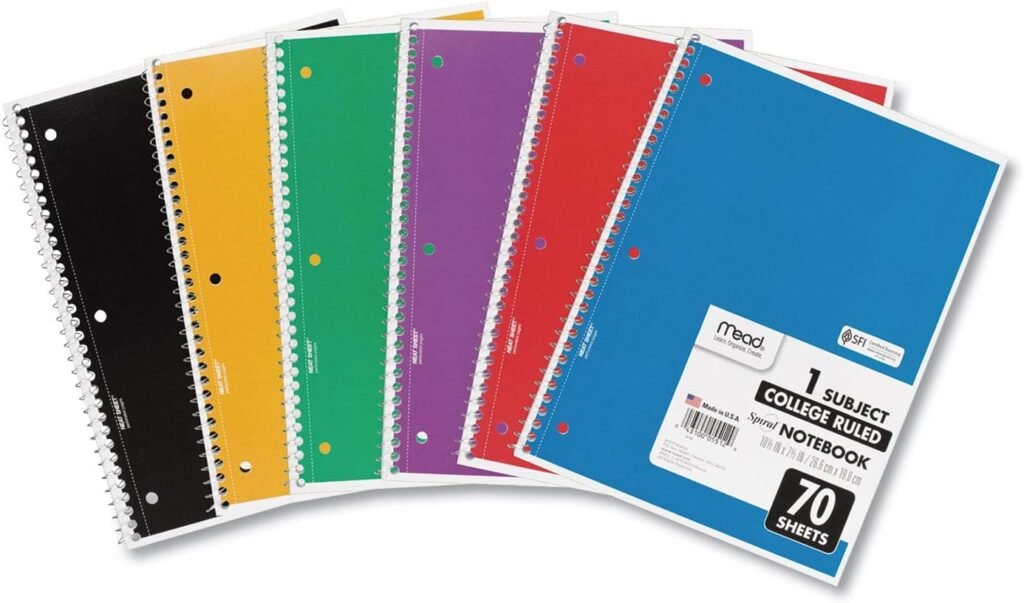 Mead Spiral Notebooks, 6 Pack, 1 Subject, College Ruled Paper, 7-1/2 x 10-1/2, 70 Sheets per Notebook, Color Will Vary (73065)