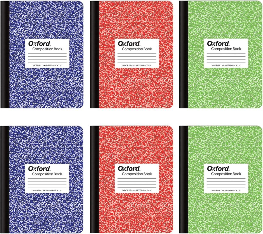 Oxford Composition Notebook 6 Pack, School Supplies, Notebooks for School, Wide Ruled Paper. 9-3/4 x 7-1/2 Inches, 100 Sheets, Assorted Marble Covers, 2 Each: Blue, Green, Red (63762)