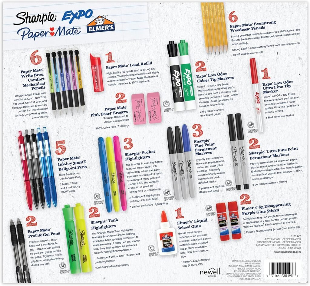 School Supplies Kit, Highlighters, Mechanical Pencils, Glue Sticks, Erasers, Permanent Markers, Gel Pens, Pencils, School Glue and more from Sharpie, Elmer’s, Paper Mate,  Expo, 38 pieces