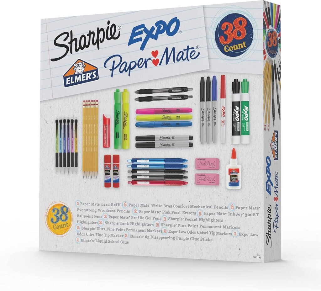 School Supplies Kit, Highlighters, Mechanical Pencils, Glue Sticks, Erasers, Permanent Markers, Gel Pens, Pencils, School Glue and more from Sharpie, Elmer’s, Paper Mate,  Expo, 38 pieces