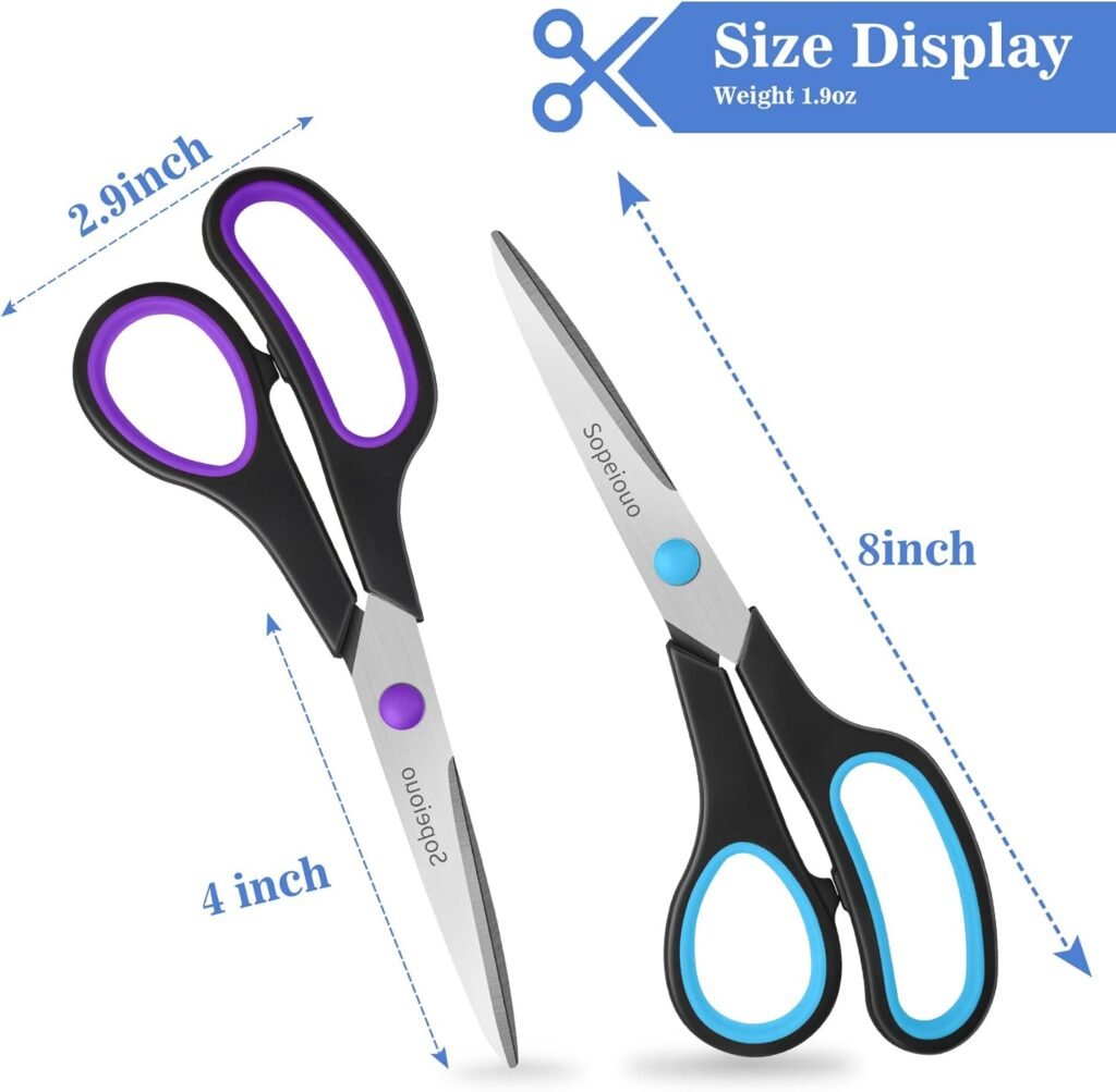 Scissors Set of 6-Pack, 8 Scissors All Purpose Comfort-Grip Handles Sharp Scissors for Office Home School Craft Sewing Fabric Supplies, High/Middle School Student Teacher Scissor, Right/Left Hand