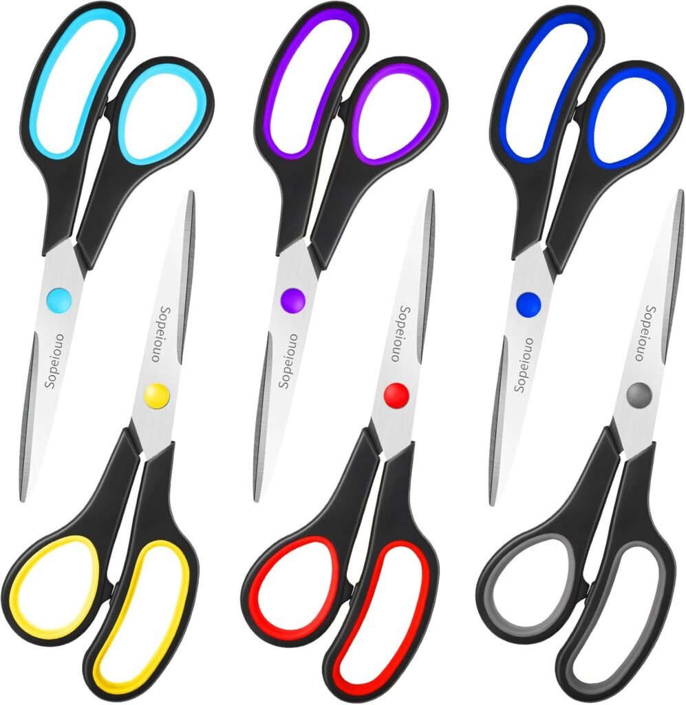 Scissors Set of 6-Pack, 8 Scissors All Purpose Comfort-Grip Handles Sharp Scissors for Office Home School Craft Sewing Fabric Supplies, High/Middle School Student Teacher Scissor, Right/Left Hand
