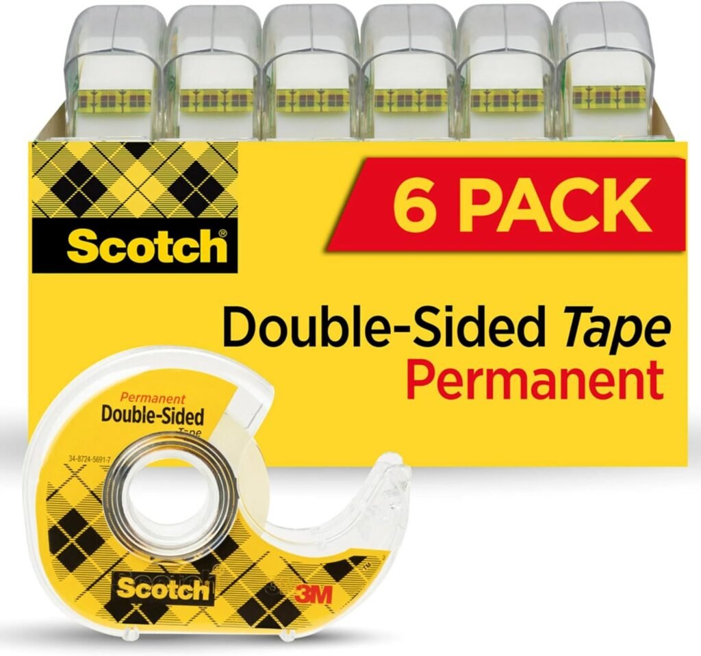 Scotch Double Sided Tape with Tape Dispenser, Office and School Supplies for Arts and Crafts, Alternative to Scrapbooking Tape, 0.5 in. x 500 in., 6 Tape Rolls With One Tape Dispenser
