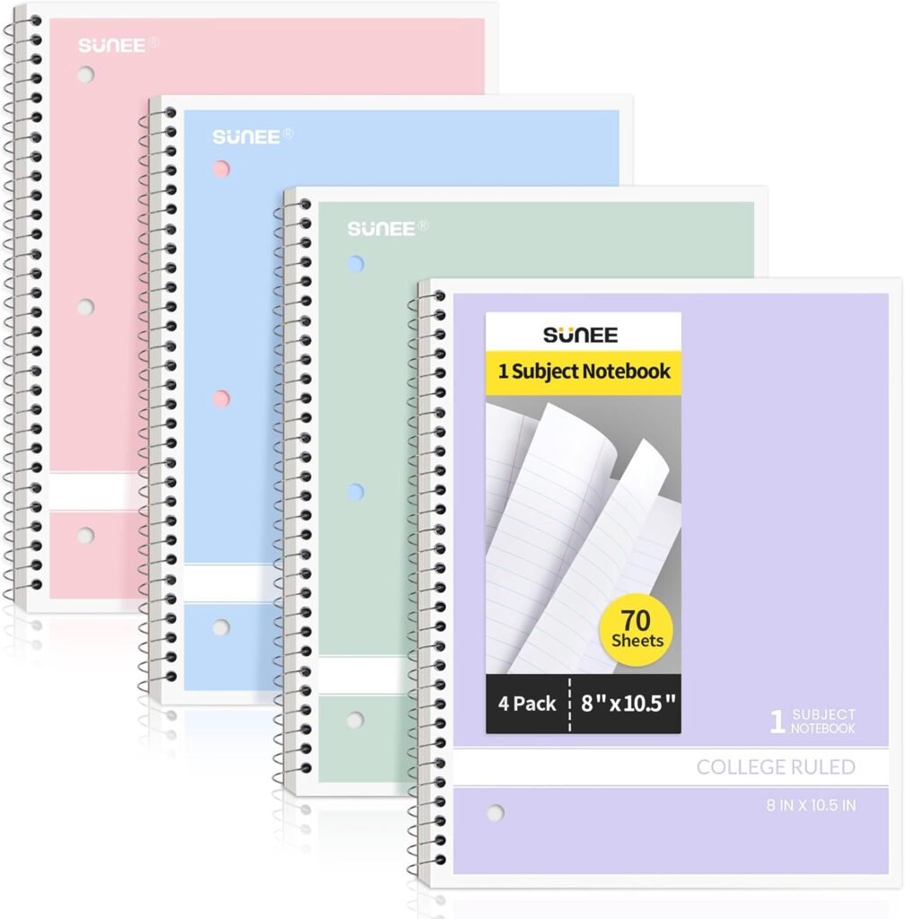 SUNEE Spiral Notebooks College Ruled, 1-Subject, 4 Pack, 8 x 10-1/2 in, 70 Sheets, 3-Hole Punched Paper, Pastel Pink, Purple, Blue, Green for School, HomeOffice,Writing Journal