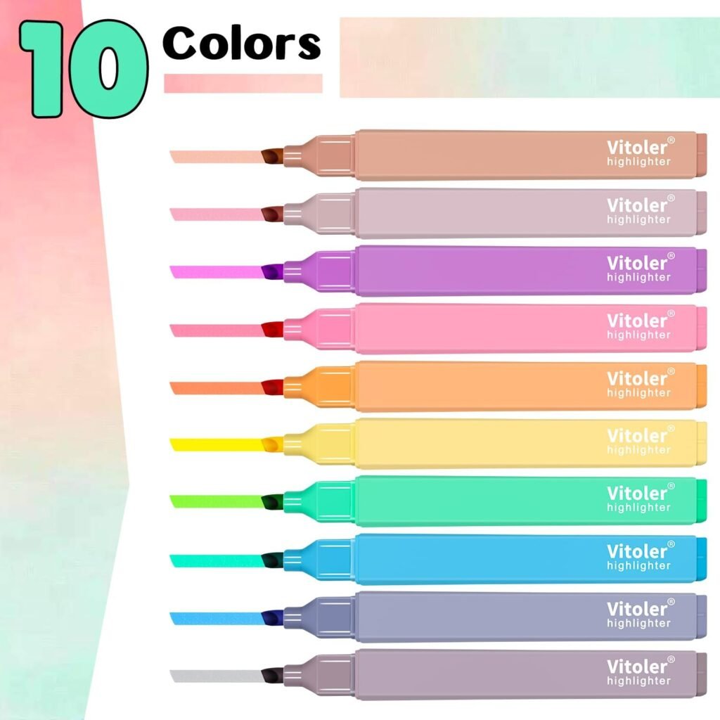 Vitoler 10Pcs Aesthetic Highlighters, Chisel Tip Marker Pens,Assorted Color Candy Highlighters,No Bleed Bible Highlighters,Cute Pastel Highlighters for Journaling Planner Notes School Supplies