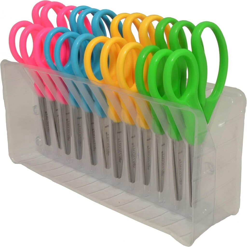 Westcott 13140 Right- and Left-Handed Scissors, Kids Scissors, Ages 4-8, 5-Inch Blunt Tip, Assorted, 12 Pack
