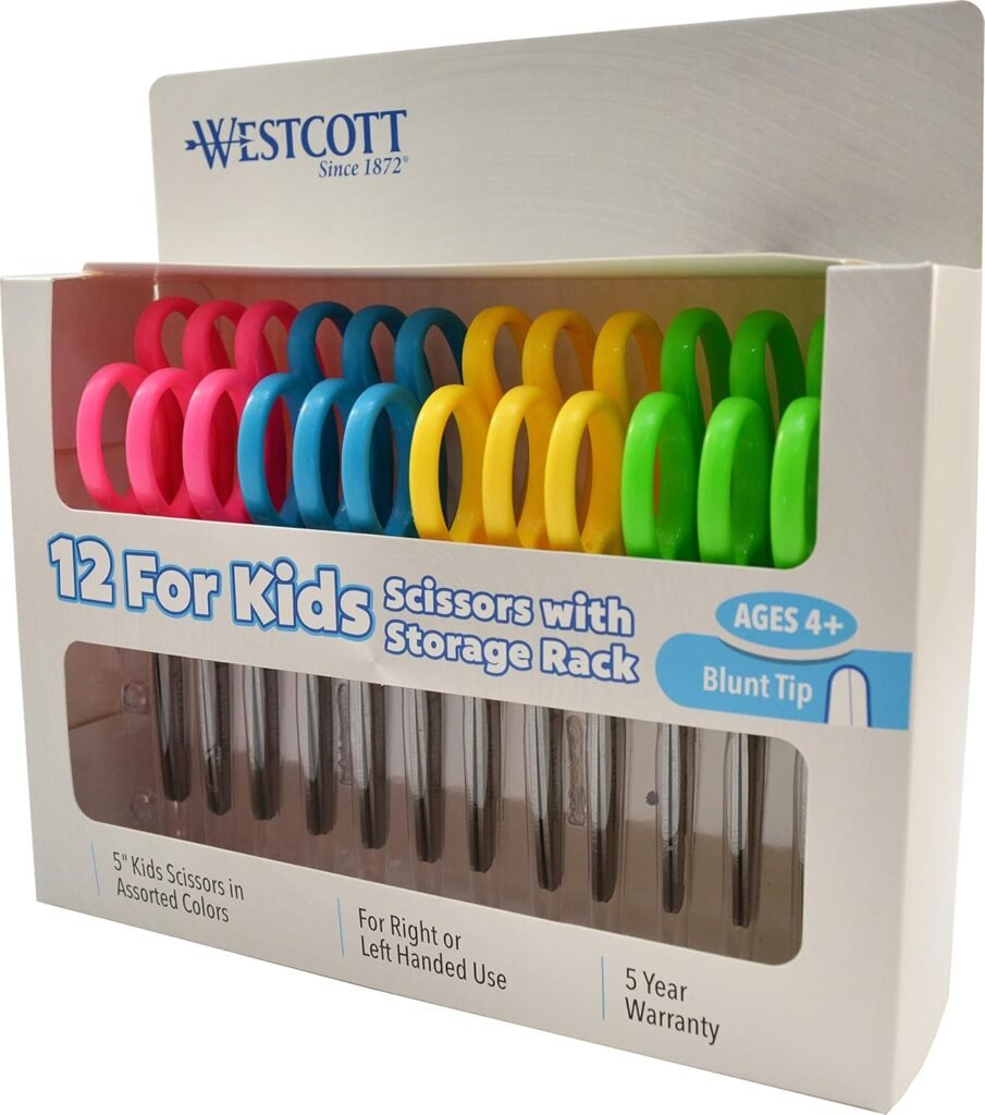 Westcott 13140 Right- and Left-Handed Scissors, Kids Scissors, Ages 4-8, 5-Inch Blunt Tip, Assorted, 12 Pack