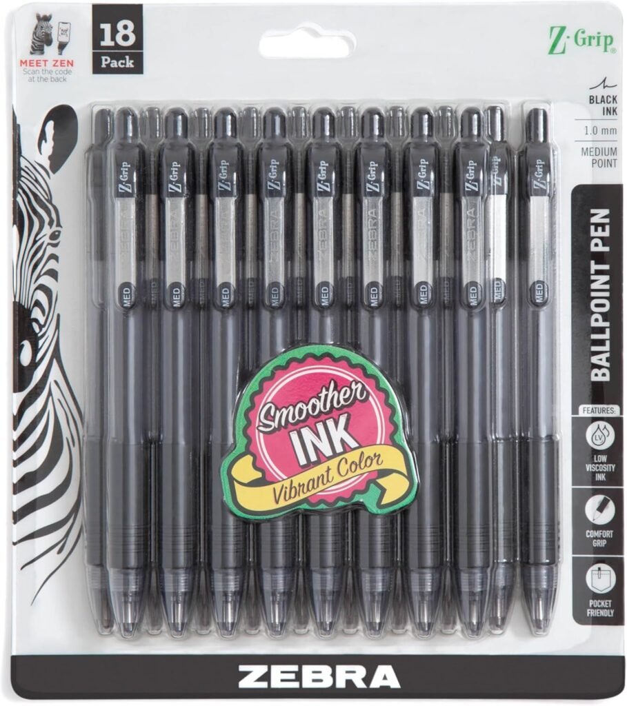 Zebra Pen Z-Grip Retractable Ballpoint Pen, Medium Point, Black Ink, 18-Pack, Model Number: 22218