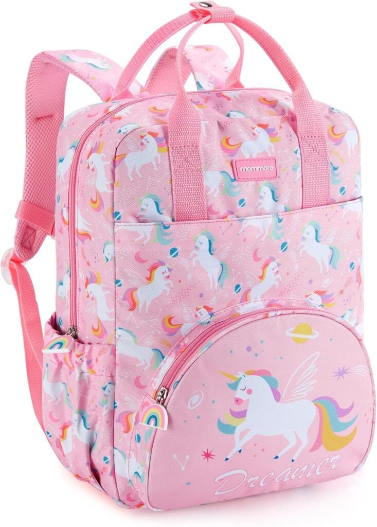mommore Kids Backpack Girls, Durable Large Toddler Bookbag with Double Handles, Water Resistant Unicorn Backpack with Chest Strap for Preschool Kindergarten Travel
